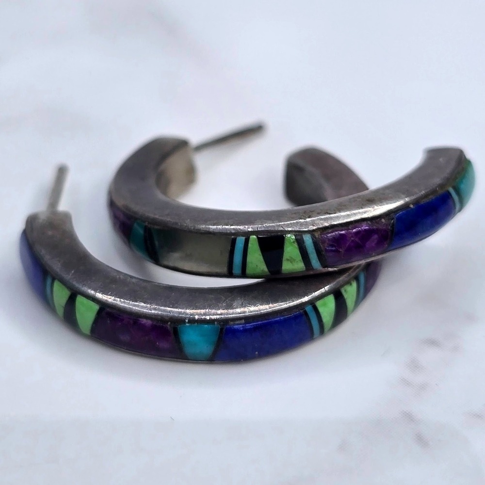 Rick Tolino Navajo Sterling Silver Multi Stone Inlay Hoop Earrings READ 5.4g